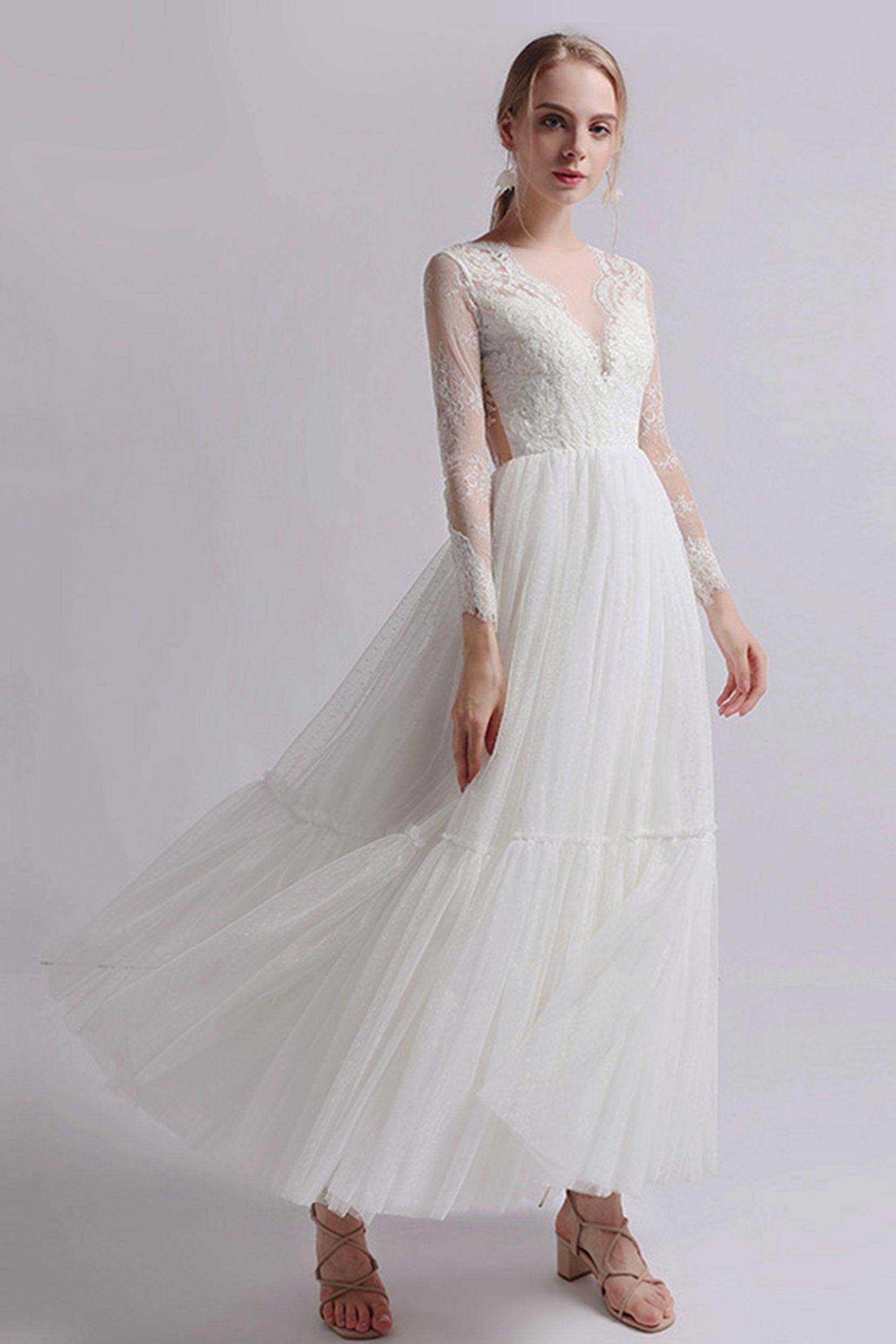 A-Line Ankle Length Lace Tulle Wedding Dress CW2734 - COCOMELODY